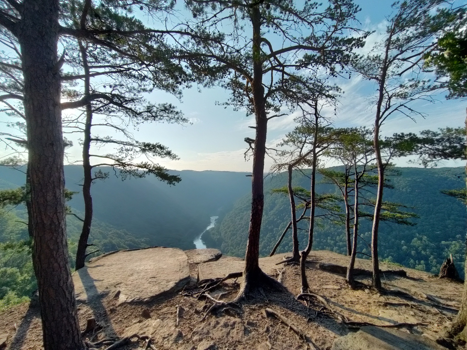 New River on a hazy morning, seen from an outlook above.